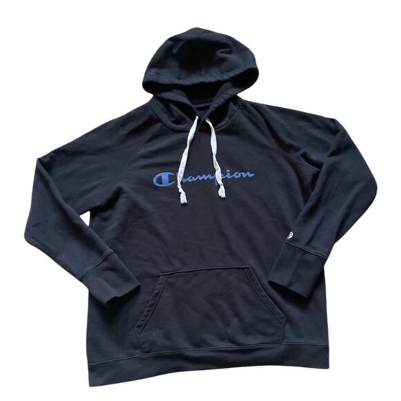 Champion Black Unisex Sweatshirt Hoodie Size Large Retro Comfy Blue Logo - Picture 1 of 7